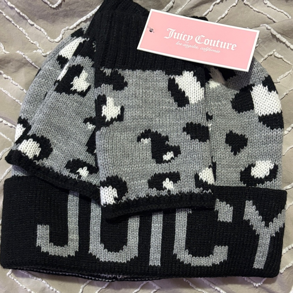 Juicy Couture Black and Gray Leopard Knit Beanie